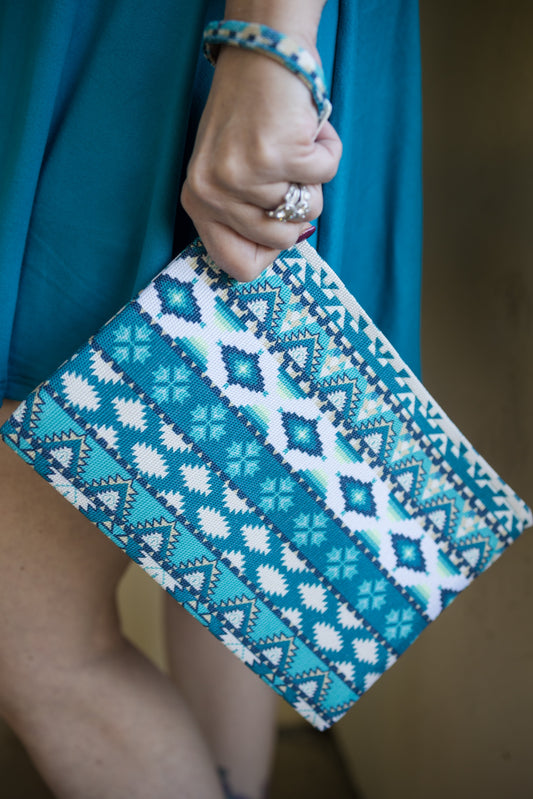 Aqua Aztec Pouch Bag